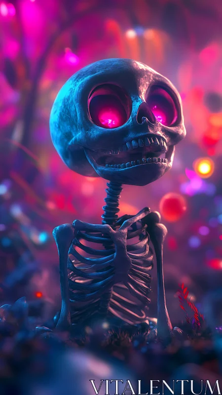 Neon lit stylized skeleton rendered in shallow depth fantasy forest