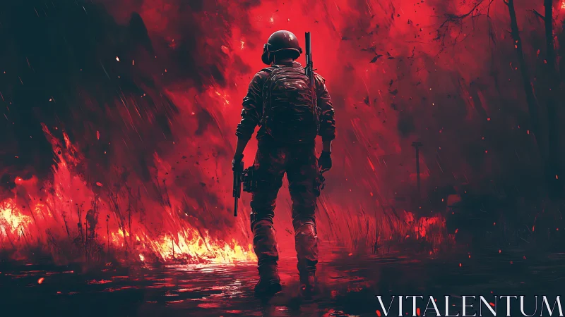 Soldier Standing Amid Inferno: Tactical Combat Against Raging Wildfire