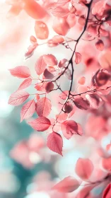 Pink foliage branch is captured with shallow depth of field