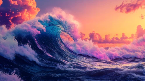 Digitally rendered ocean wave under saturated sunset sky.