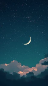 Crescent moon over glowing clouds in tranquil night sky.