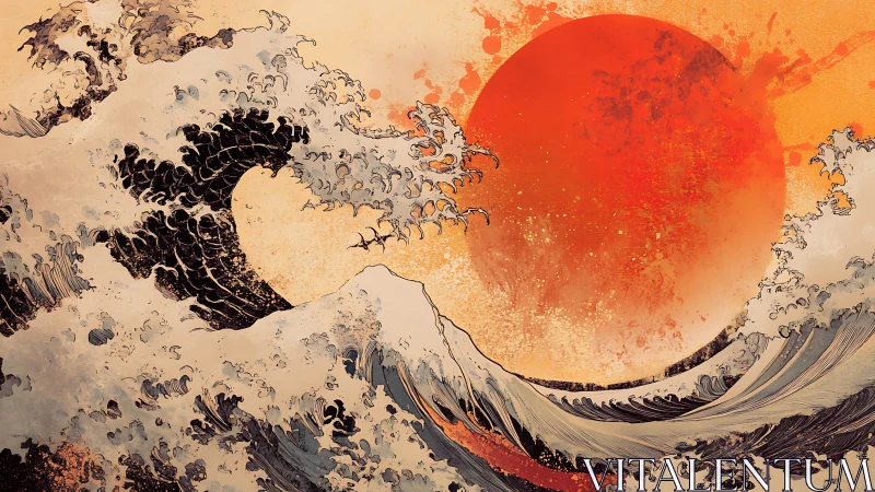Dramatic stylized ocean waves with massive red sun
