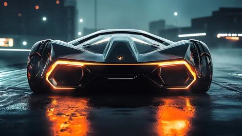 Futuristic sports car rear view on wet urban roadway.