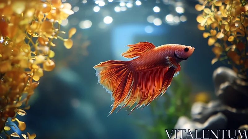 High-detail orange betta fish glides through softly lit aquarium