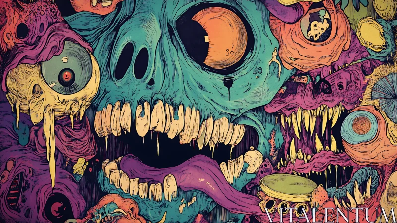 Grotesque neon skull cluster forms chaotic horror tableau