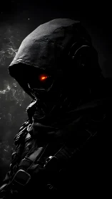 Hooded mechanical figure with red eye in low key lighting.