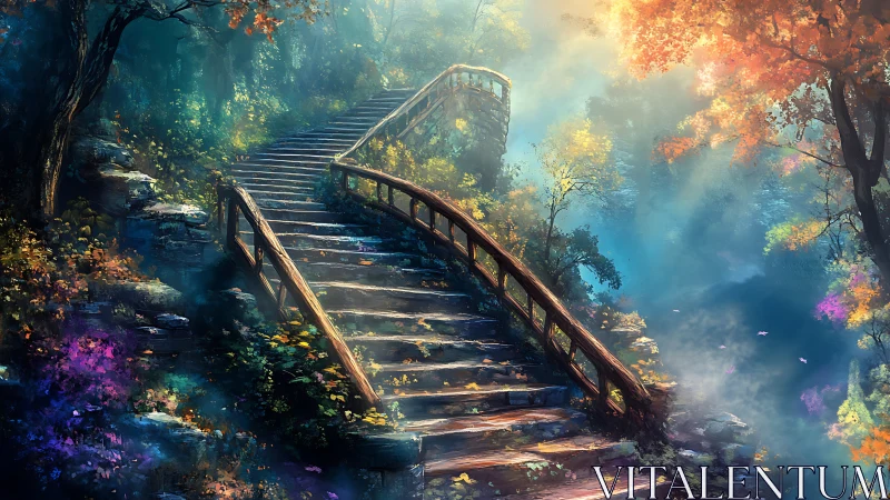 Stone stairway ascending through dense, colorful forest.