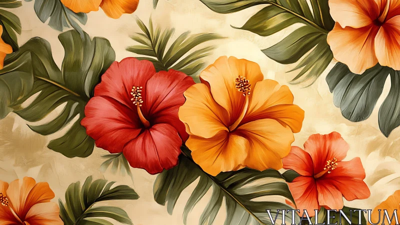 Tropical Hibiscus Composition with Layered Foliage.