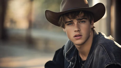 Quiet cowboy gaze meets soft afternoon light with warmth