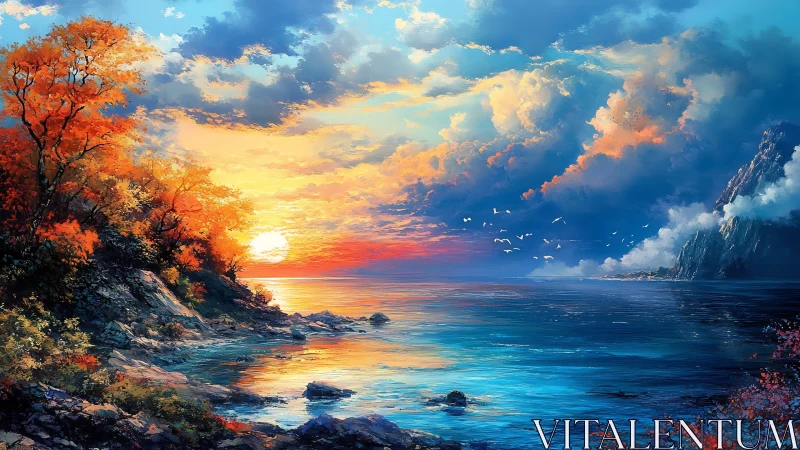 Sunset over rocky coast with autumn trees and calm sea.