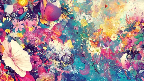 Dense digital field of multicolored flowers and butterflies.