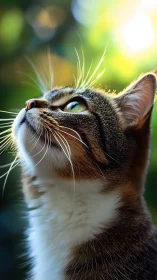 Striped Tabby Cat Gazing Upward in Golden Sunlight Bokeh