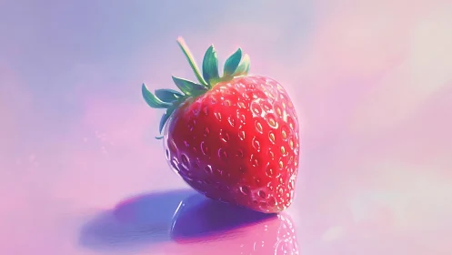 Digital painting of single strawberry on iridescent ground.