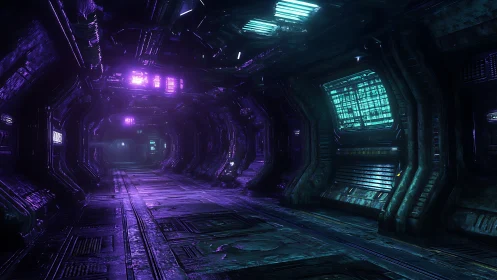 Neon lit sci fi corridor with dark industrial panels.