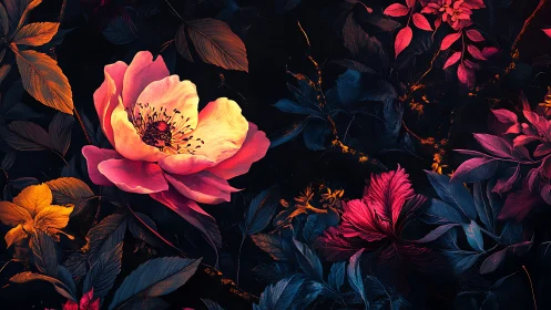 Digital floral composition with contrasting warm cool tones.