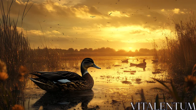 Solitary duck drifts across golden marsh at sunset