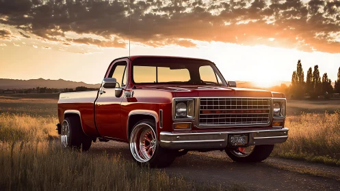 Classic red pickup truck glows against a golden country sunset