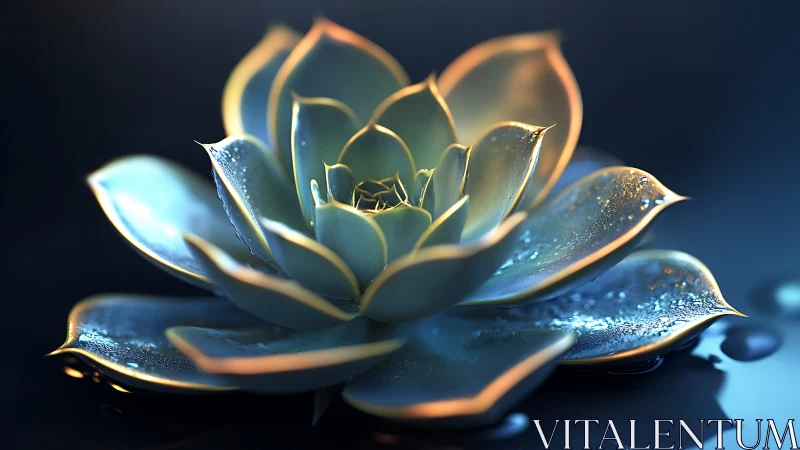 Luminous dewlit succulent unfolding in deep sapphire hush.
