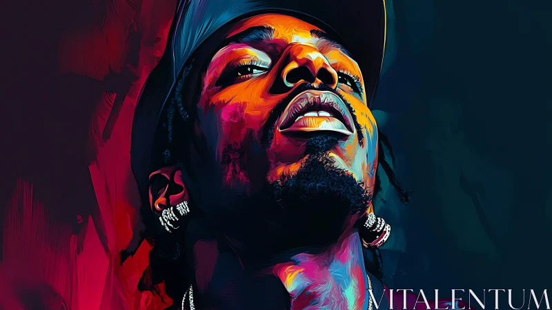 Digital painting portrait with neon split-complementary palette.