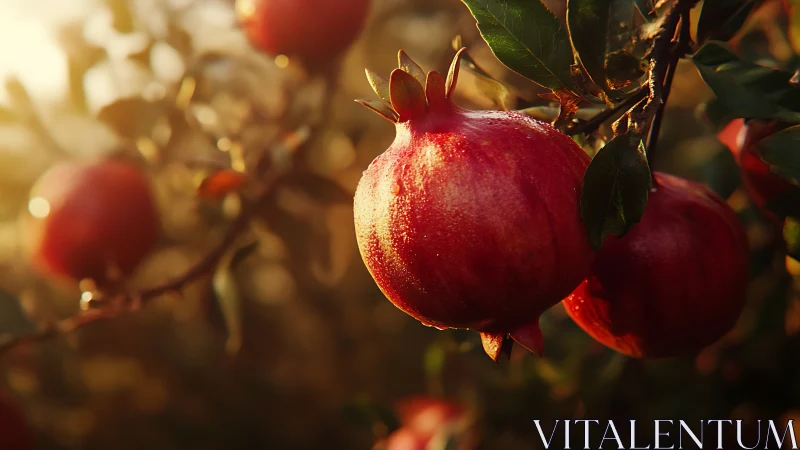 Sunlit ripe pomegranate cluster rendered in warm shallow focus