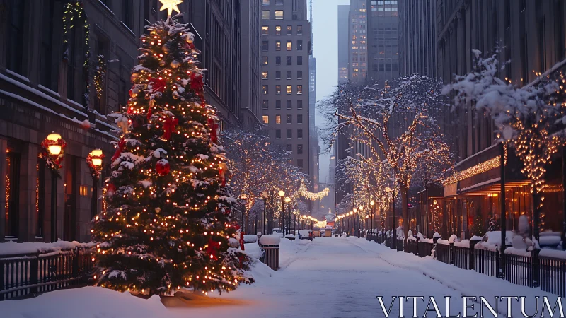 Snow covered city street with illuminated Christmas tree.