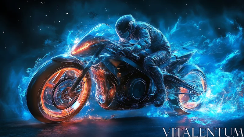 Neon rider on blazing cyber bike in electric blue flame.