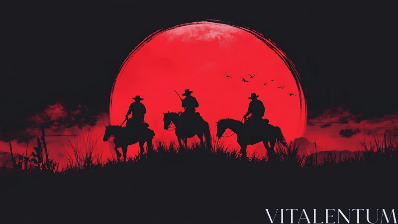Riders in silhouette crossing under a blazing crimson moon.