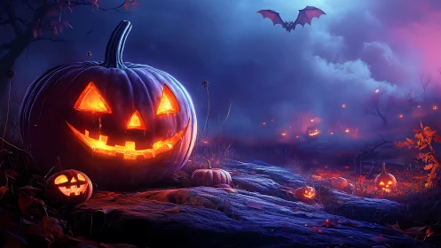 Large carved jack o lantern in foggy night landscape.