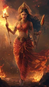 Fiery goddess figure strides through flames holding weapons