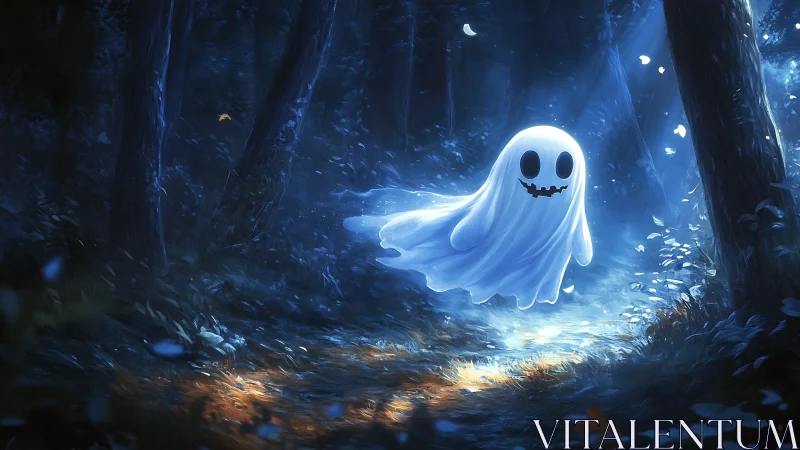 Cheerful little ghost drifts through a moonlit forest path