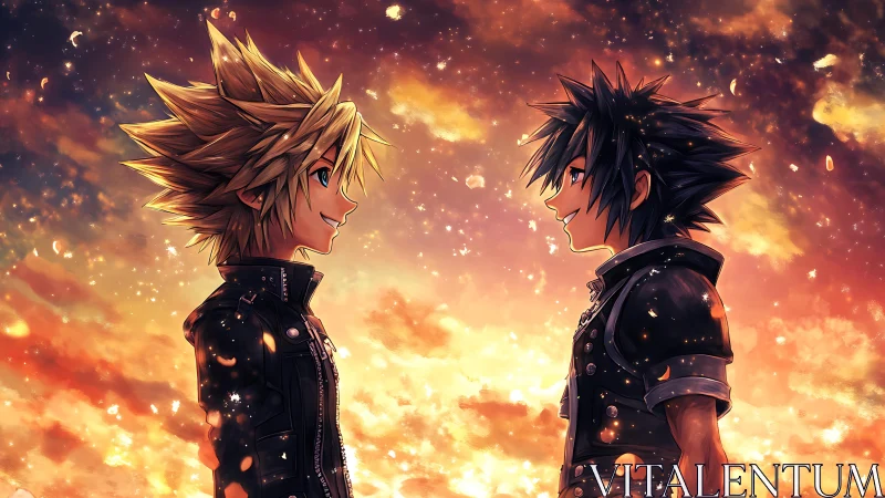 Two anime boys facing each other at glowing sunset sky.