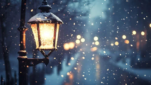 Snowy streetlamp glows warmly against soft winter bokeh