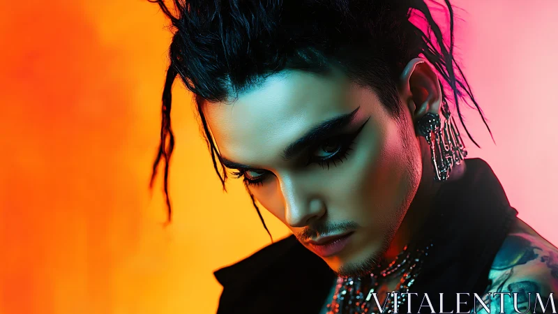 Cyberpunk portrait with neon gradient backdrop and hard glam lighting.