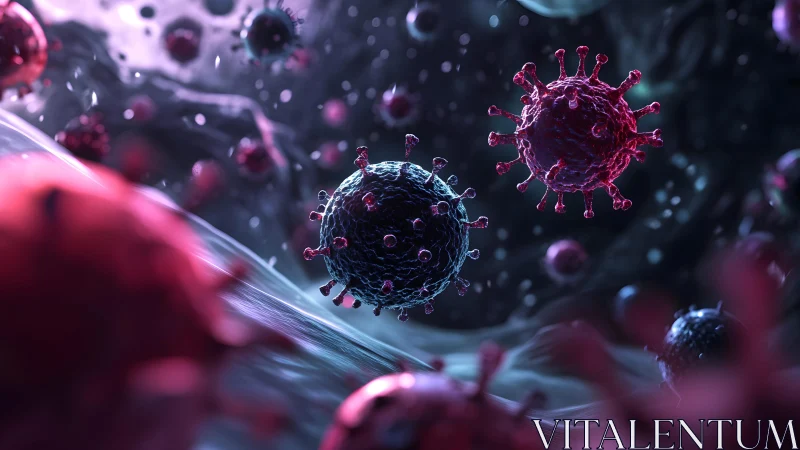 3D Illustration of Virus Particles in Dark Abstract Biological Space.