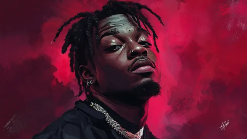 Stylized digital portrait of man with dreadlocks on crimson field