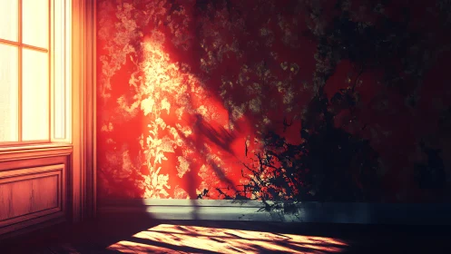 Evening sunlight stains a red wall with floral shadows and decay
