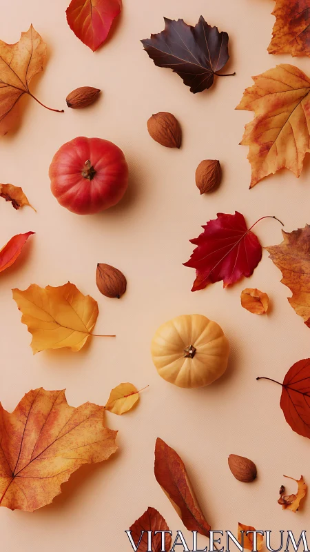 Autumn pumpkins with dry maple leaves on beige background.