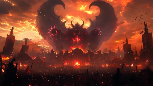Infernal titan above burning citadel under apocalyptic sky.