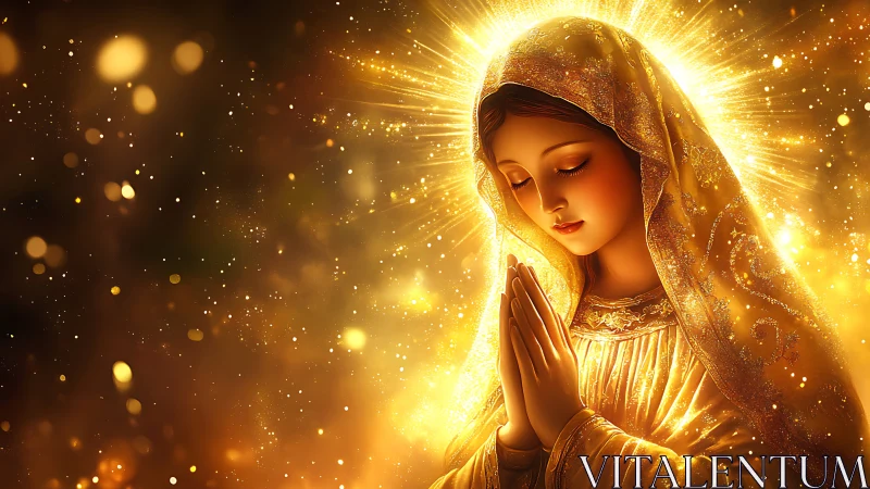 Luminous praying Madonna in radiant golden halo light.