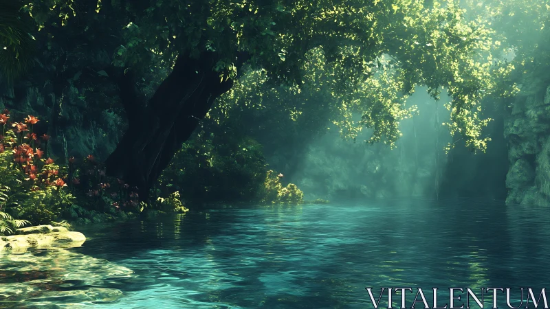 Luminous forest lagoon with cascading light and misty depths.