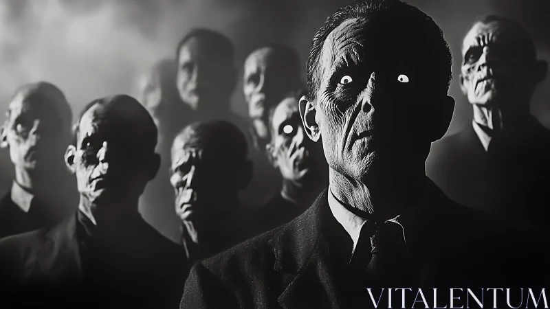 Silent crowd of glowing-eyed figures in eerie grayscale fog.