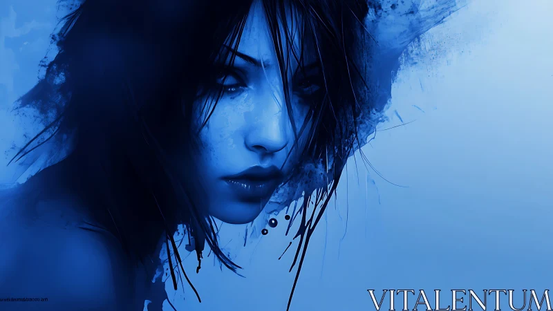 Monochromatic cobalt portrait with abstract ink dispersion