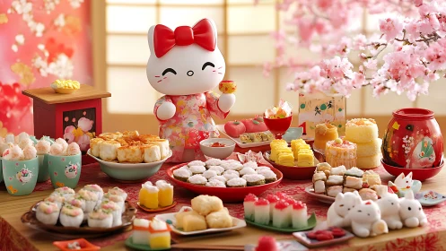 Digital kawaii dessert banquet with sakura festive framing.