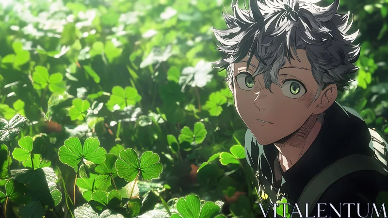Anime boy with green eyes in dense clover field scene.