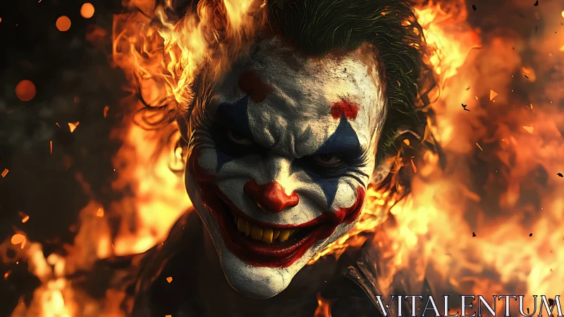 Flaming clown portrait reveals eerie grin amid rising sparks