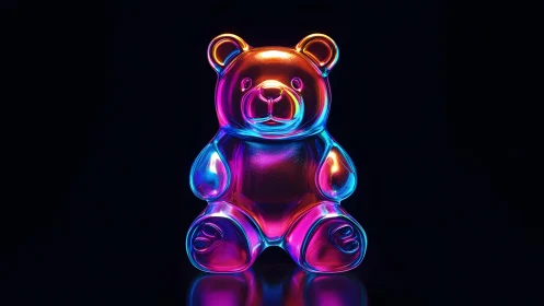 Neon gummy bear sculpture in vibrant glowing colors, digital art.