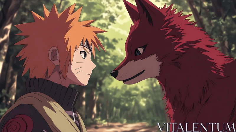 Anime boy faces red fox in softly lit forest clearing.