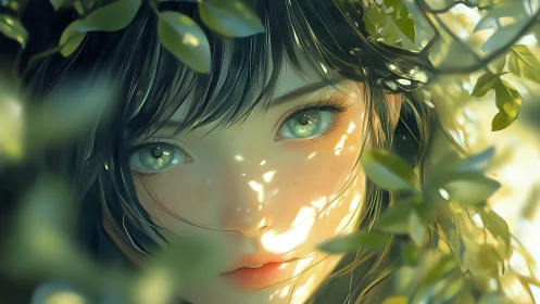 Forest-eyed dreamer bathed in dappled sunlight and leaves.