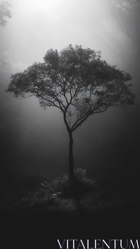 Solitary arboreal silhouette in high-contrast fog fieldscape.