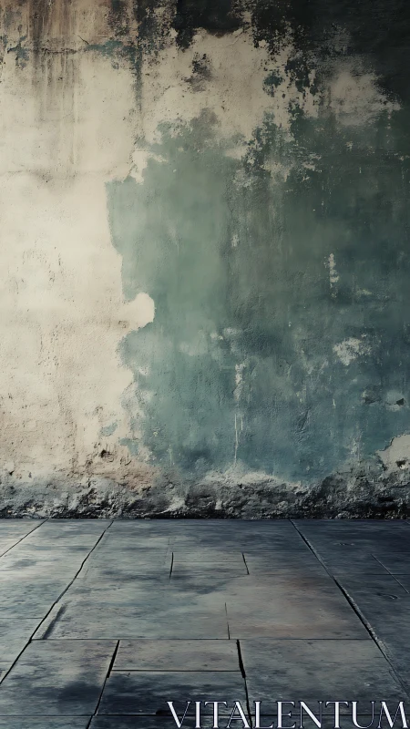 Weathered plaster wall with stained stone floor perspective